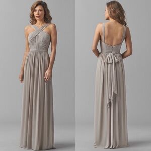 WATTERS MICAH SANDSTONE CRINKLE CHIFFON A LINE HALTER BRIDESMAID FORMAL GOWN